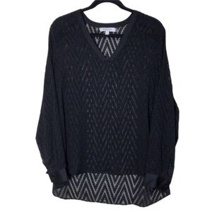 Ellen Tracy Sheer Chevron Black V-Neck Long Sleeve Top Blouse Size L
